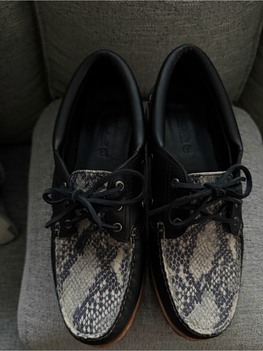 Women’s Timberland Navy Blue & Beige Snake-Print Leather Boat Shoes